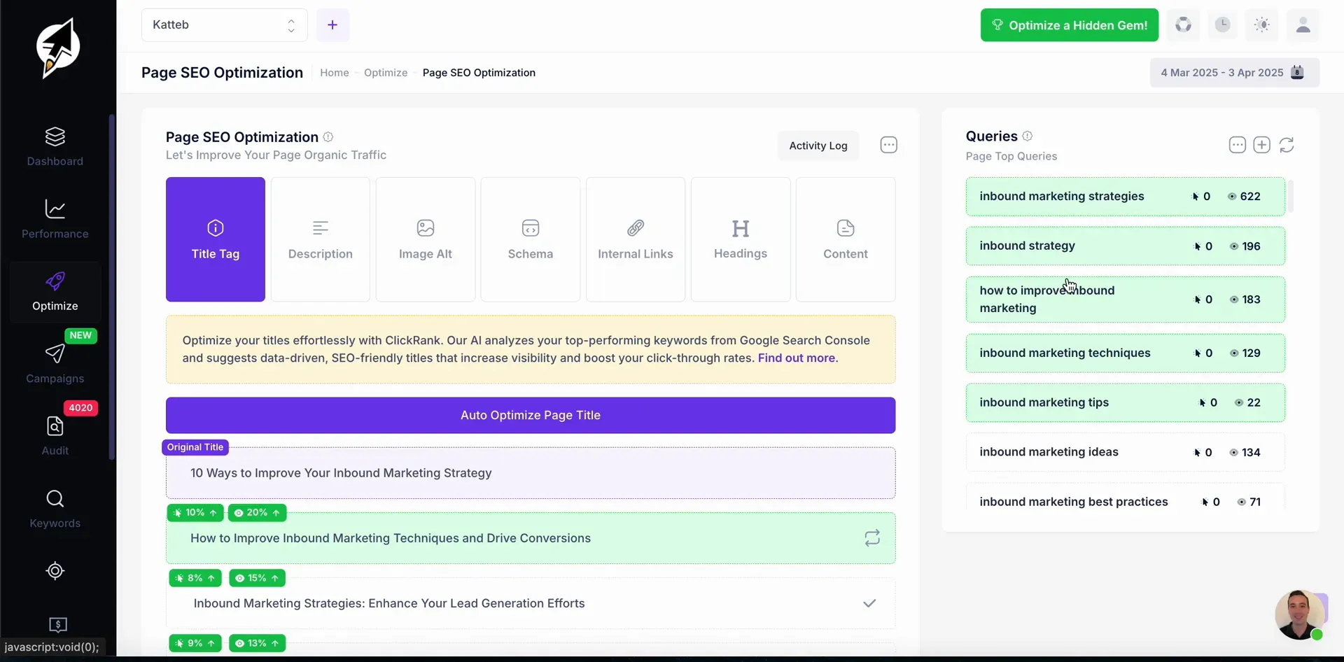 ClickRank showing keyword queries from Google Search Console