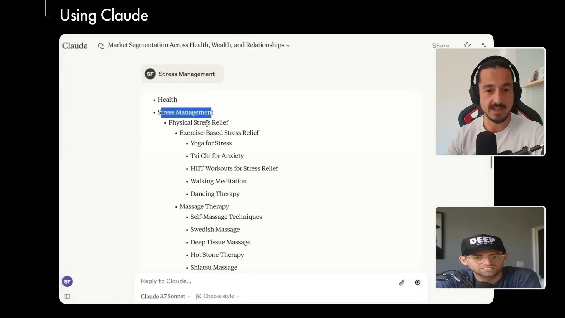 Market Idea Expander prompt showing stress management sub-niches
