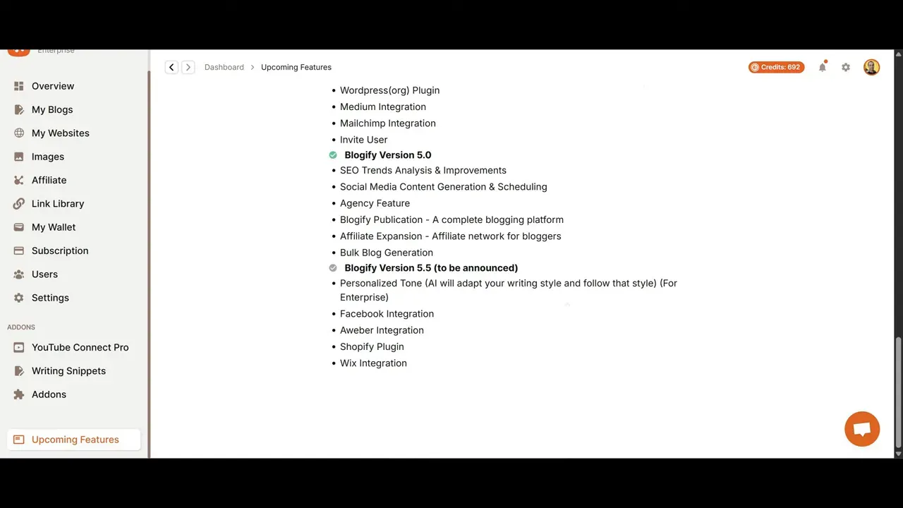 Roadmap and upcoming features panel