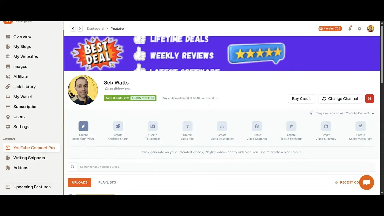 YouTube Connect Pro features panel with options like titles, chapters, thumbnails