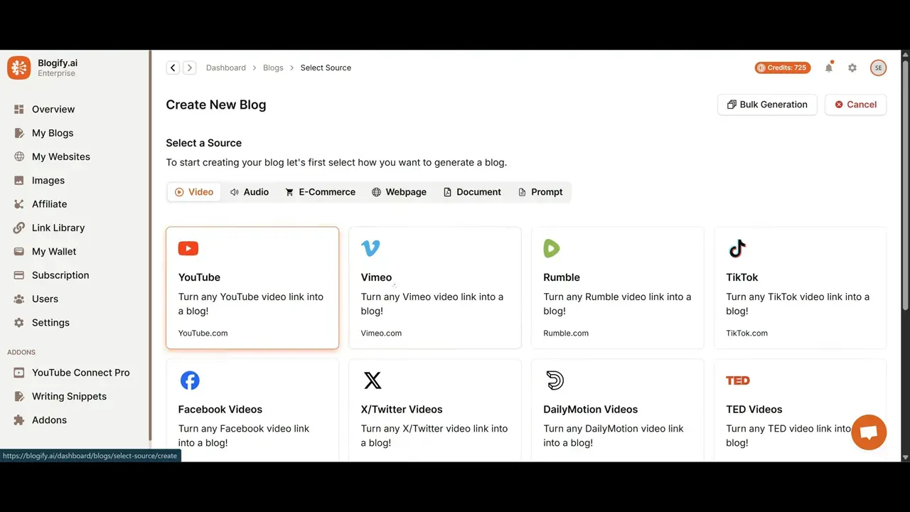 Create new blog modal with source options