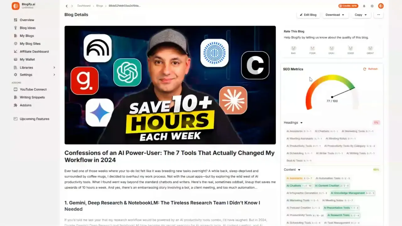 Real-time SEO metrics inside Blogify editor
