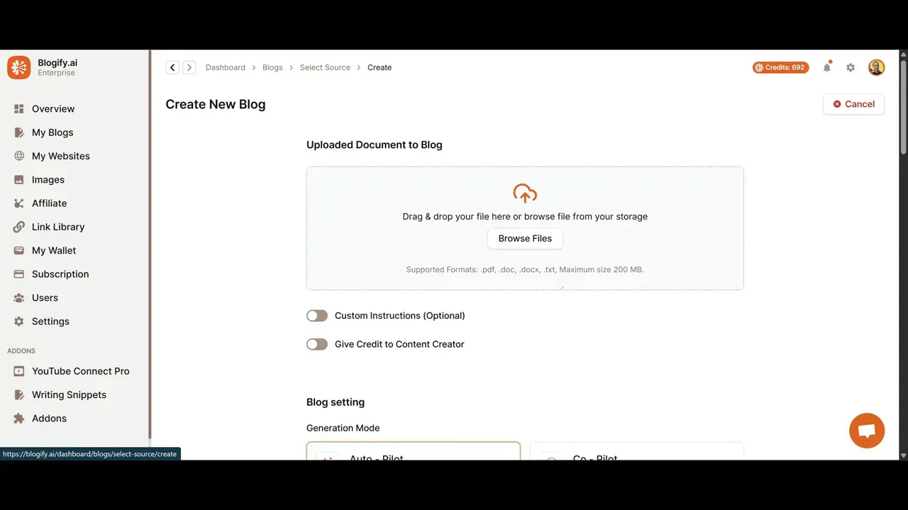 PDF upload modal with accepted formats and max size 200MB