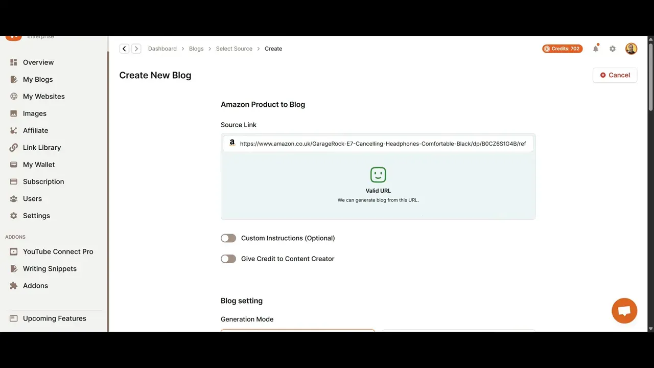 Amazon product URL inserted to generate product review blog post