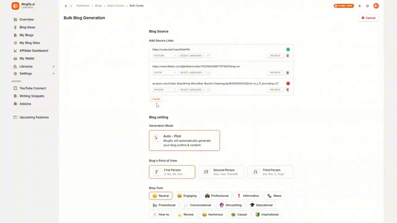 Bulk blog generation interface