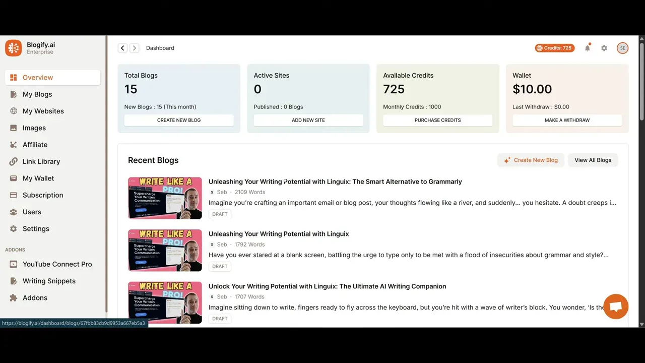Blogify dashboard overview showing credits and recent blogs