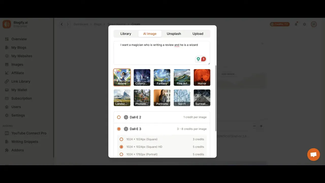 AI image generation interface with style and credit options