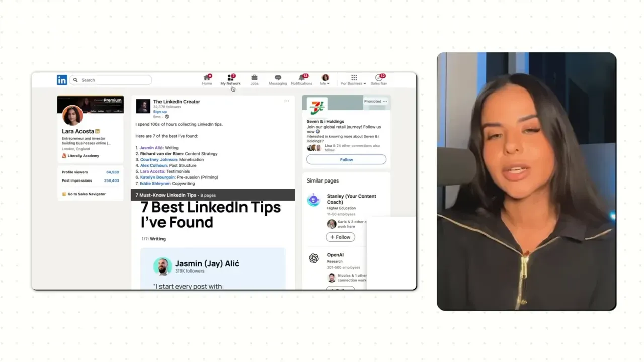 Split-screen of Lara Costa speaking alongside a LinkedIn page with the headline '7 Best LinkedIn Tips I've Found'.