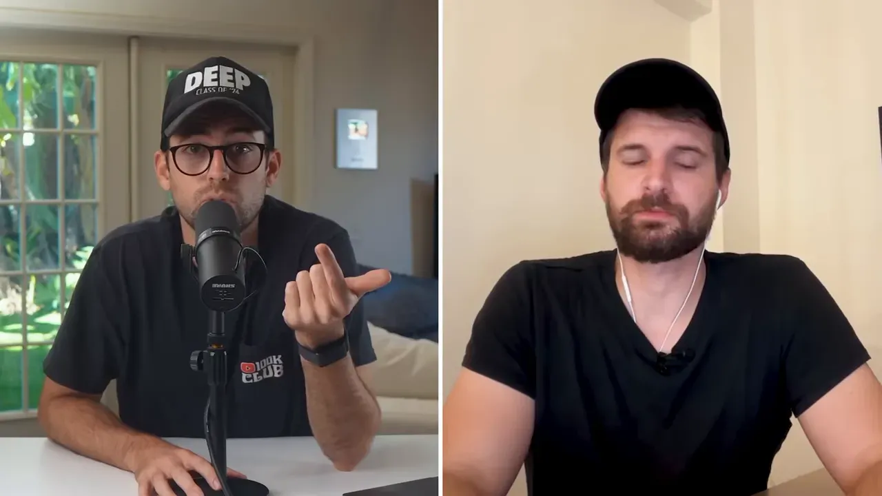 Two-up split-screen of two hosts on a video call — one speaking into a studio microphone, the other speaking from a home office.