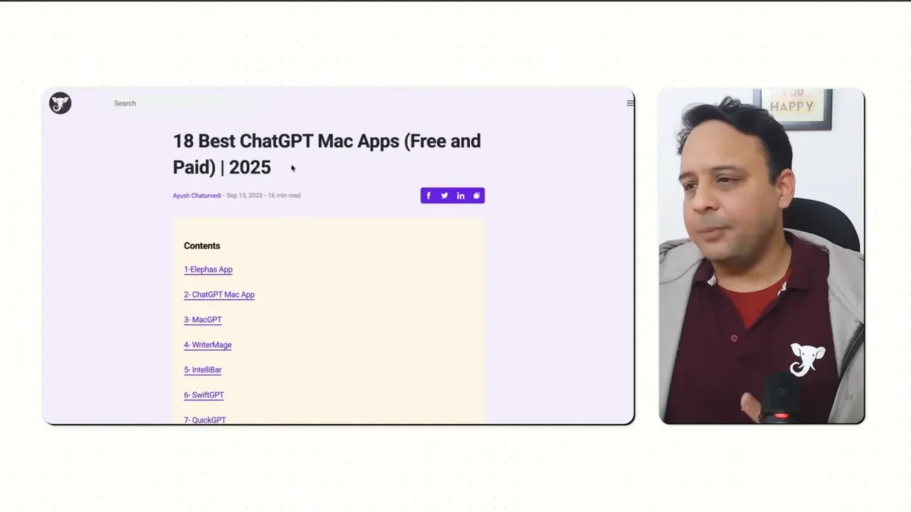 Webpage titled '18 Best ChatGPT Mac Apps (Free and Paid) | 2025' with table of contents and the speaker in a video sidebar.