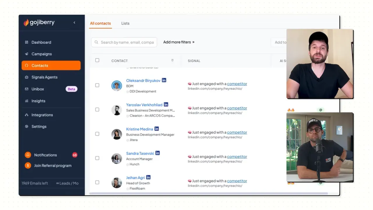Goji Berry contacts dashboard screenshot with a list of leads and two small speaker thumbnails overlaid.