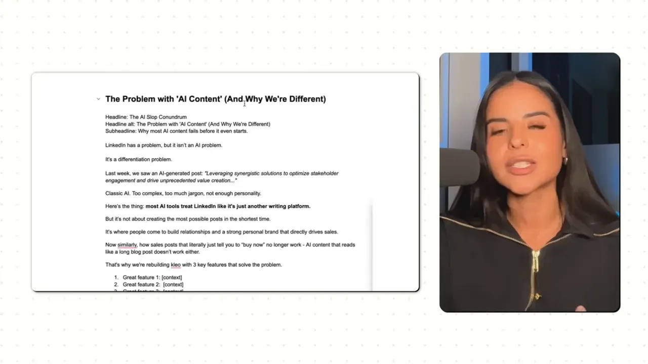 Wide view showing a document about 'AI content' on the left and the speaker in a vertical frame on the right.