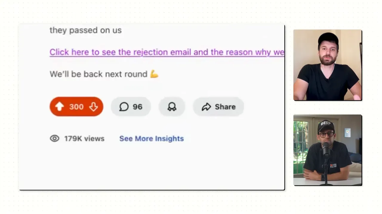 Reddit post showing upvotes, comments and 179K views alongside the hosts in video thumbnails