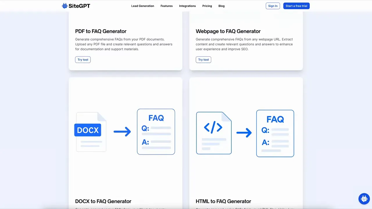 SiteGPT tools gallery showing DOCX to FAQ and HTML to FAQ generator cards