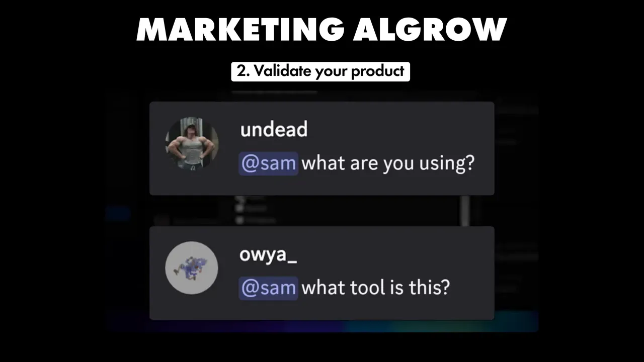 Two stacked Discord message bubbles asking '@sam what are you using?' and '@sam what tool is this?', shown over a blurred demo background.