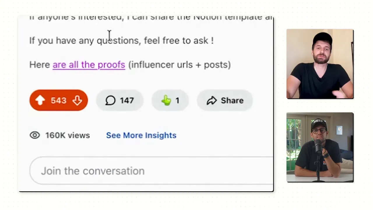 Zoomed screenshot showing Reddit engagement: 543 upvotes, 147 comments and 160K views, with two speaker thumbnails on the right.