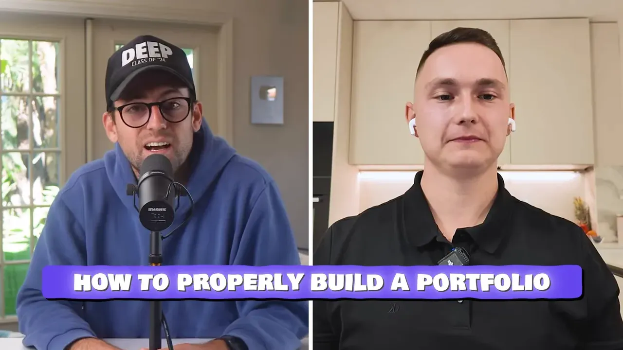 high-quality split-screen of podcast host at mic and interview guest in kitchen, purple topic banner at bottom