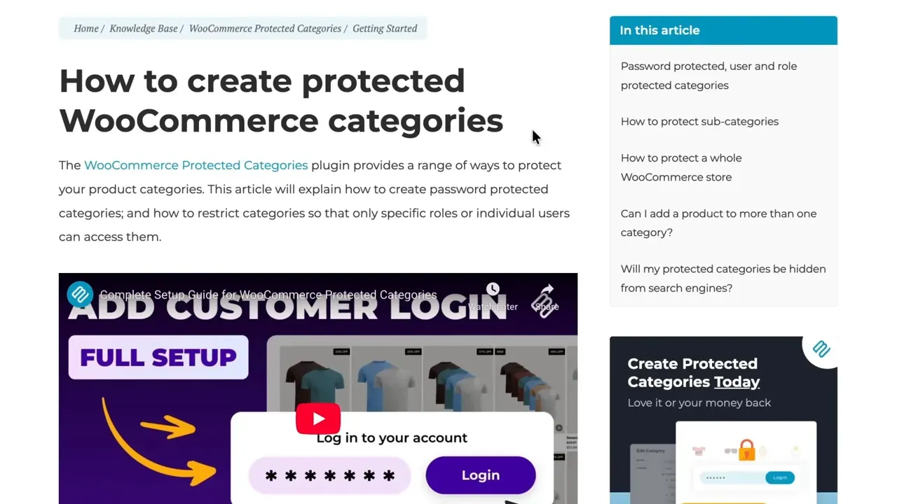 Screenshot of a help article titled 'How to create protected WooCommerce categories' showing page layout and video thumbnail