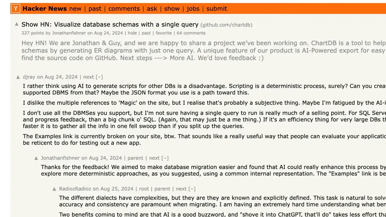 Hacker News Show HN post titled 'Visualize database schemas with a single query' with comments visible
