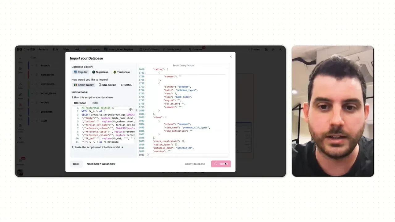 ChartDB 'Import your Database' modal showing the Smart Query output JSON and the Import button.