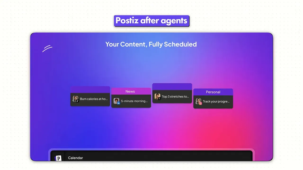 Postiz after agents interface showing a fully scheduled content calendar
