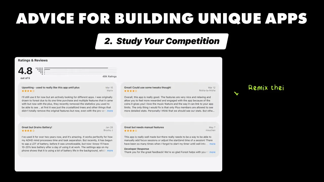 Advice slide showing app review research and a note to remix winning features