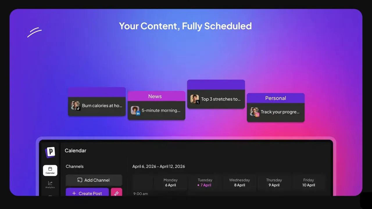 Postiz calendar showing scheduled social media posts across multiple channels