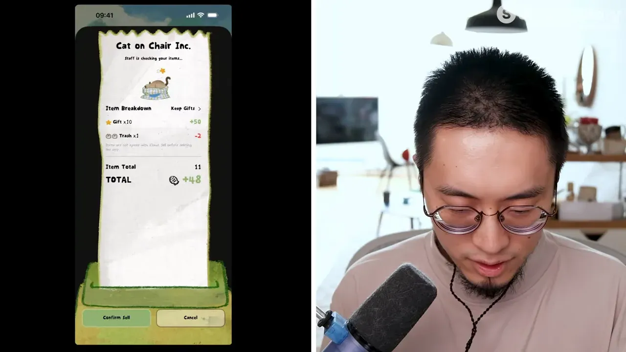 Cat on Chair app screen showing cat customization options and illustrated furniture
