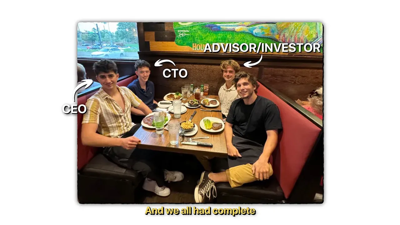 Photo of the four founders labeled CEO CTO COO and advisor investor