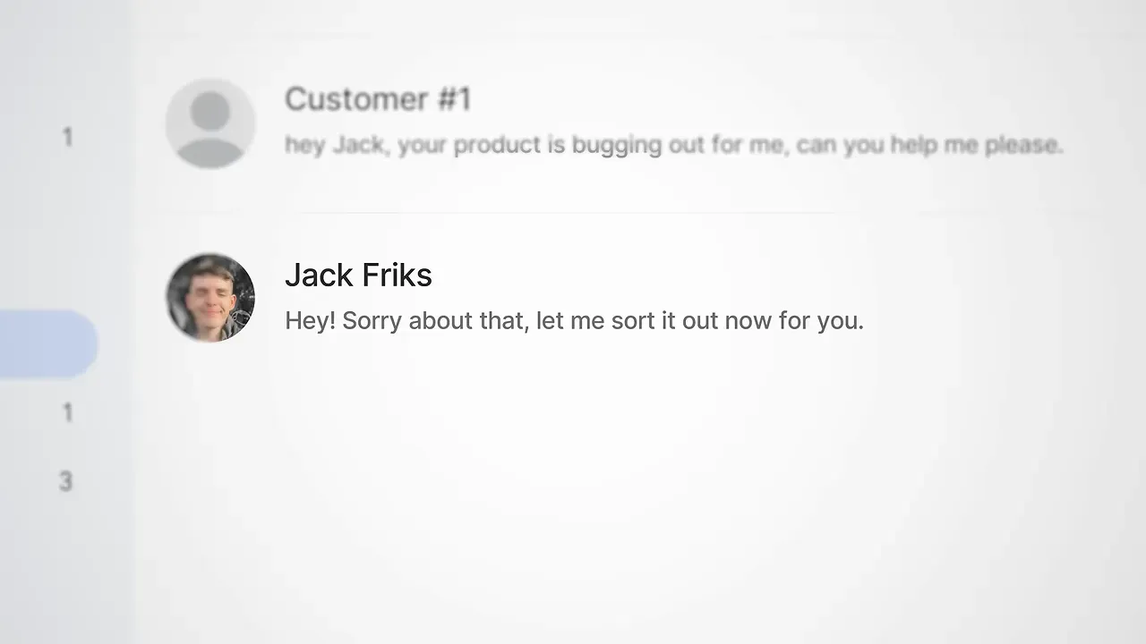 Gmail inbox showing a customer bug report and Jack Friks replying