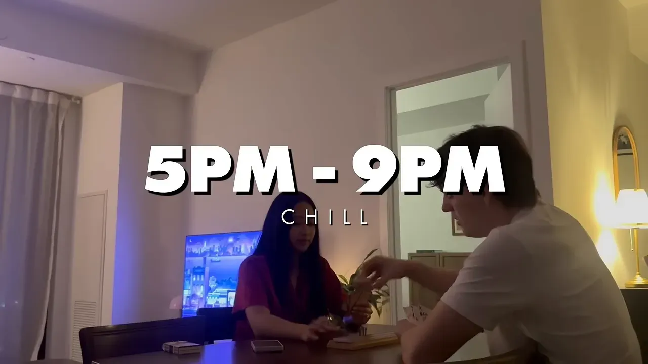 Living room scene with text reading 5PM to 9PM chill