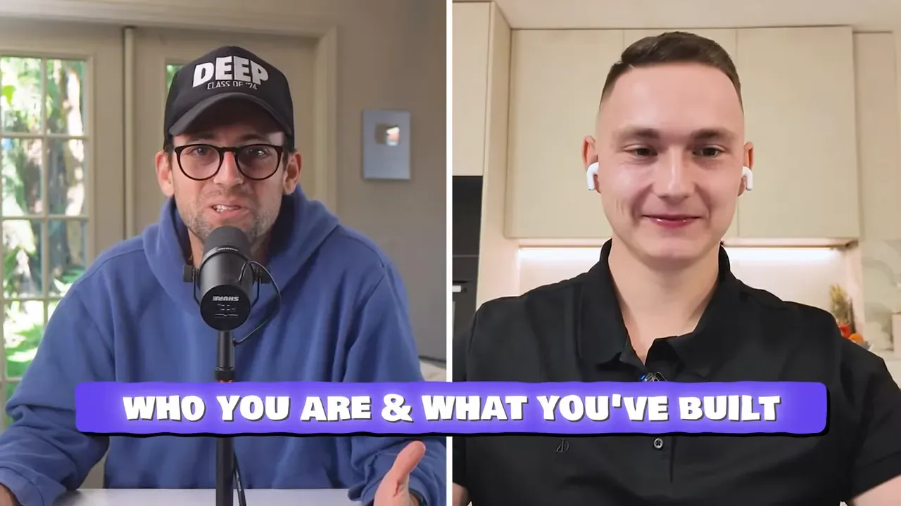 Split-screen interview with host on the left and guest on the right; purple banner reads 'WHO YOU ARE & WHAT YOU'VE BUILT'.