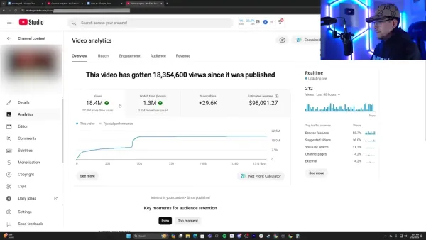 YouTube channel stats showing 211 million views and $1.25 million earnings