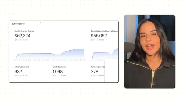 Crisp analytics dashboard screenshot showing Monthly Recurring Revenue $62,224, subscription growth charts, and the speaker in a video panel.