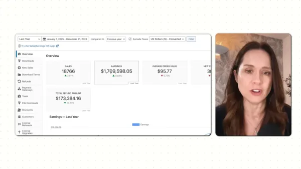 Easy Digital Downloads earnings dashboard showing $1,709,598.05 in earnings with the interview speaker in a small window to the right.